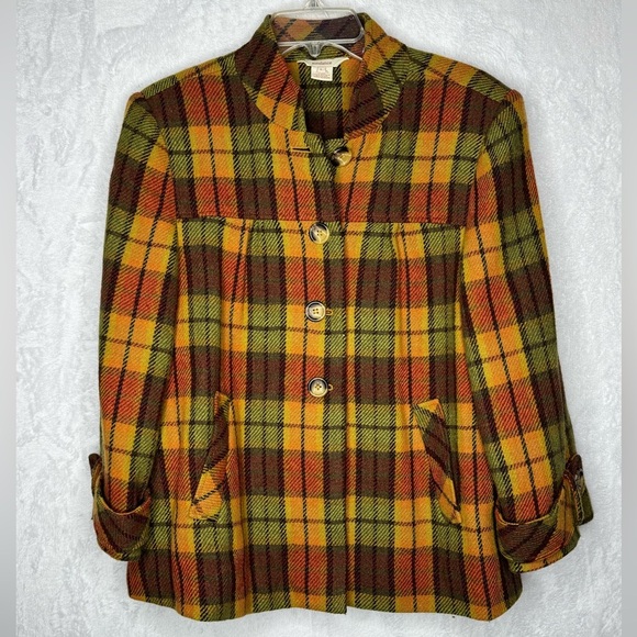 Sundance Autumn Plaid Check Retro Swing Jacket Wool Blend 3/4 Sleeve - Picture 1 of 8